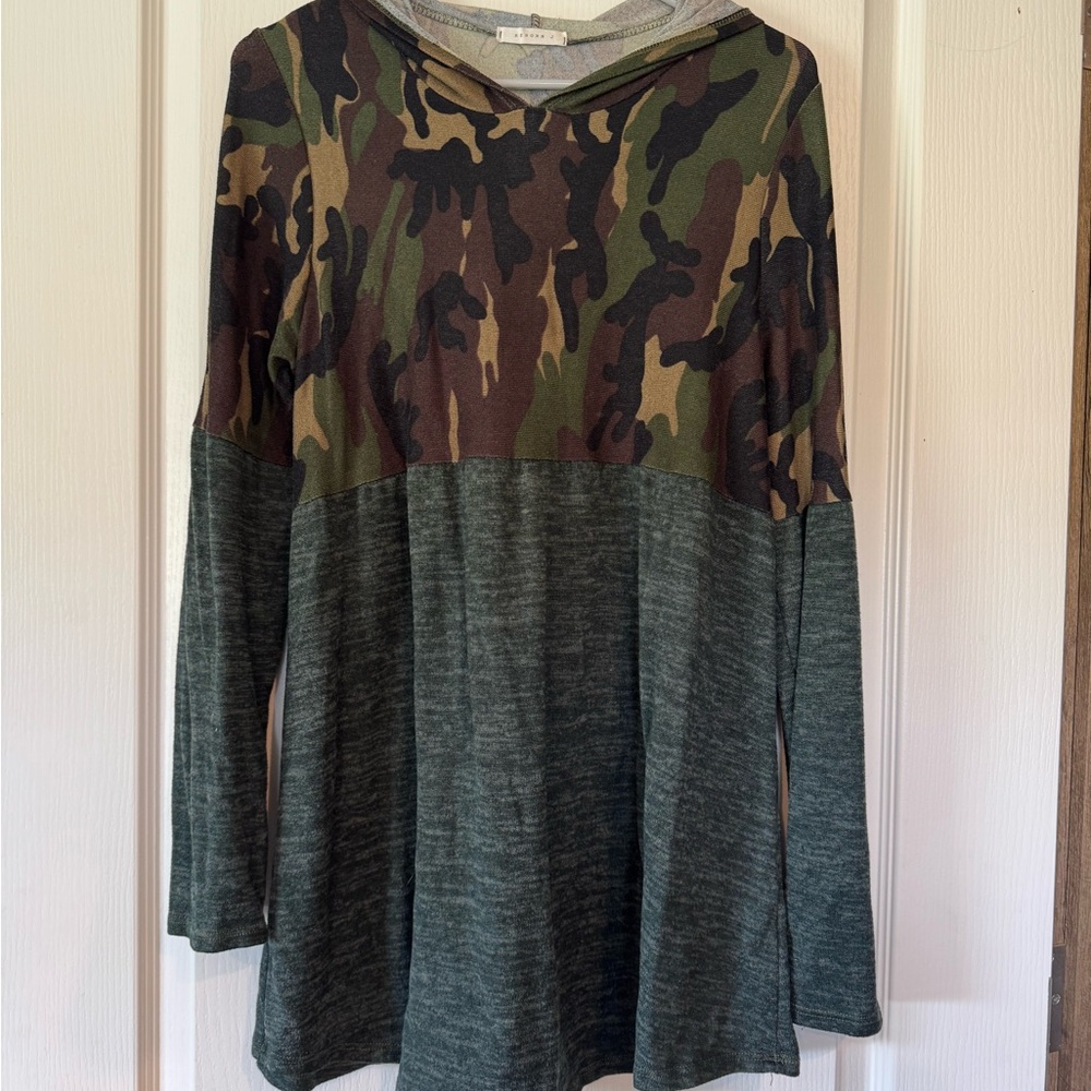 Camouflage and Gray Hooded Top